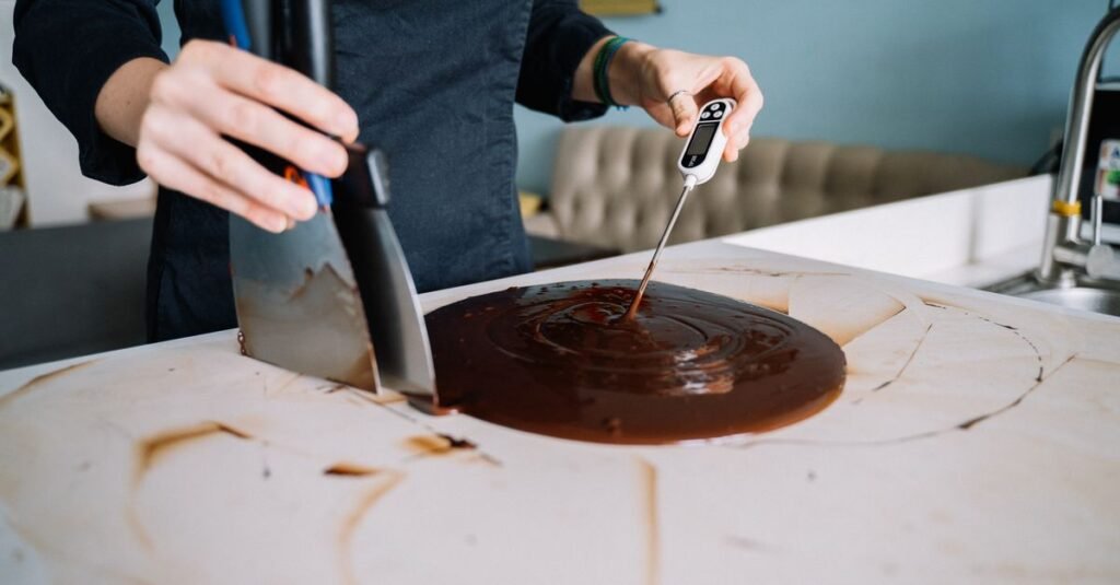 Close-up of a person tempering chocolate on a kitchen counter using a scraper and thermometer.