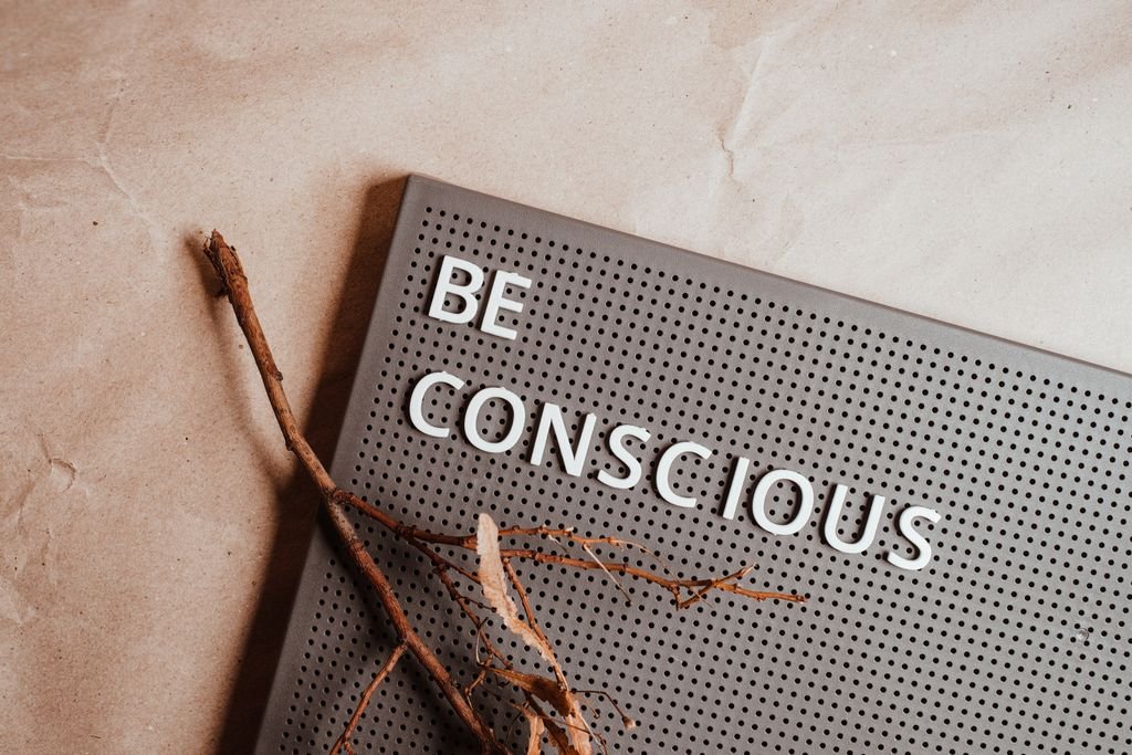 A flat lay of a pin board with the phrase 'Be Conscious' and natural elements. food