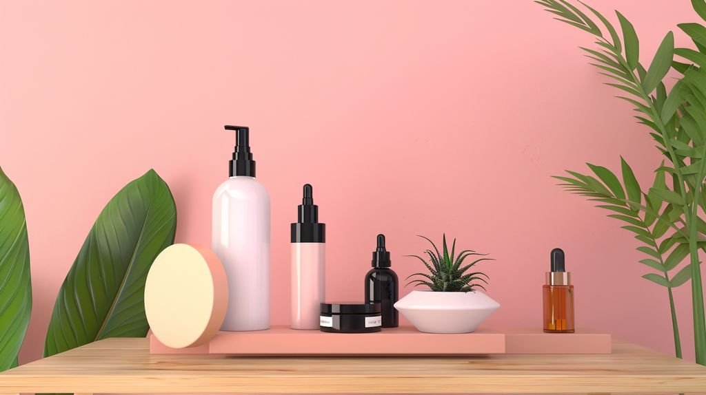 Chic arrangement of spa and beauty products on wooden surface with pink background. skin care