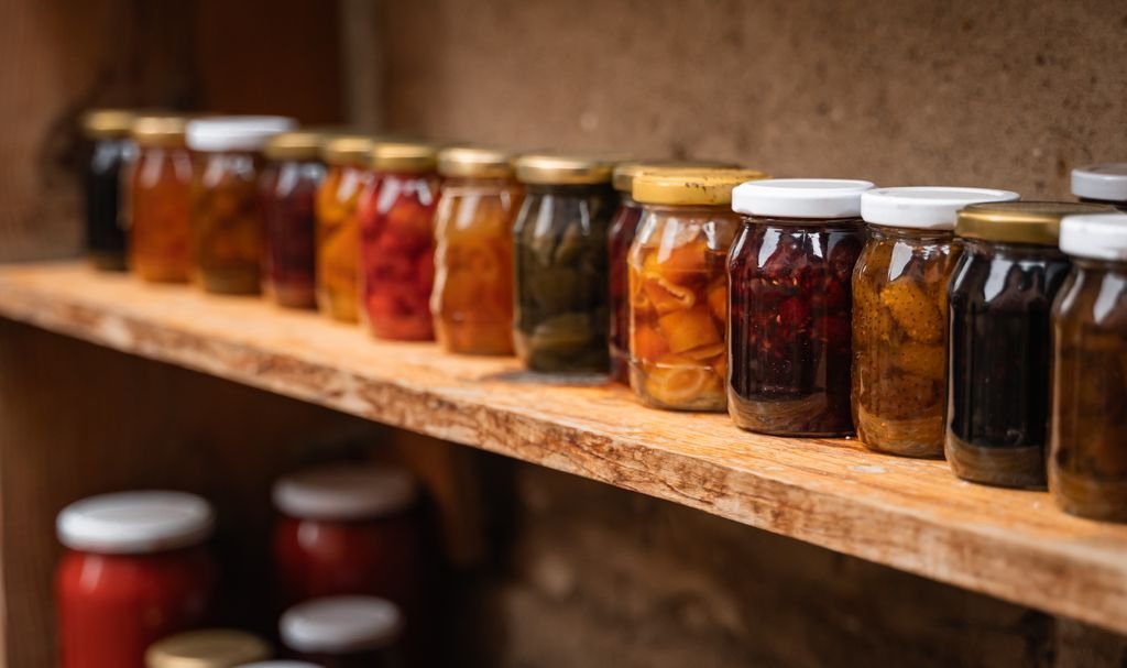 Homemade preserves food in mason jars neatly arranged on a rustic wooden shelf.