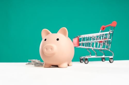 Piggy bank with shopping cart and coins on a white and teal background, symbolizing saving and spending.