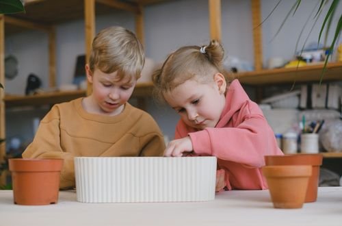 Two children engaged in an indoor gardening project, planting in pots.