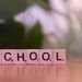 Wooden tiles spelling the word school on a table, evoking educational themes.